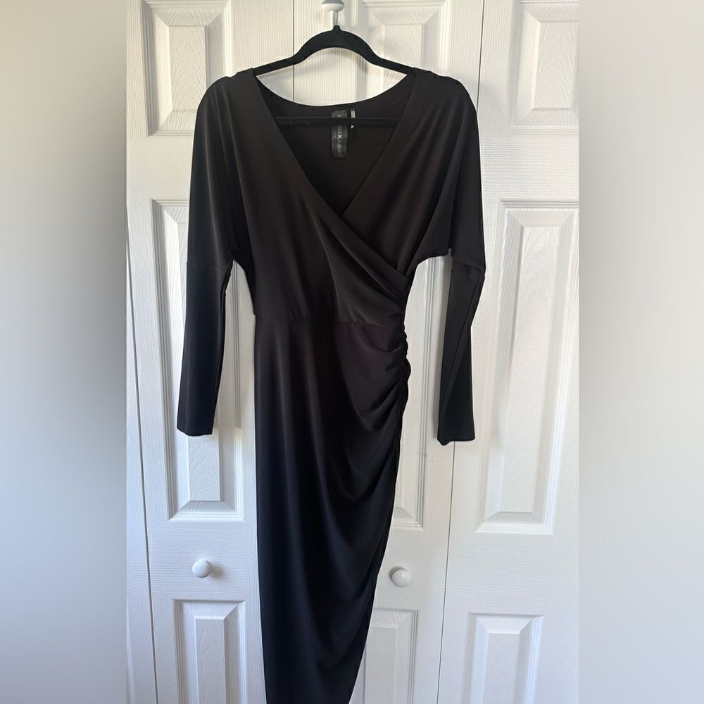 NEW Norma Kamali Tara Black Long Sleeve Dress Deep V Ruched Midi Dress - Picture 6 of 10